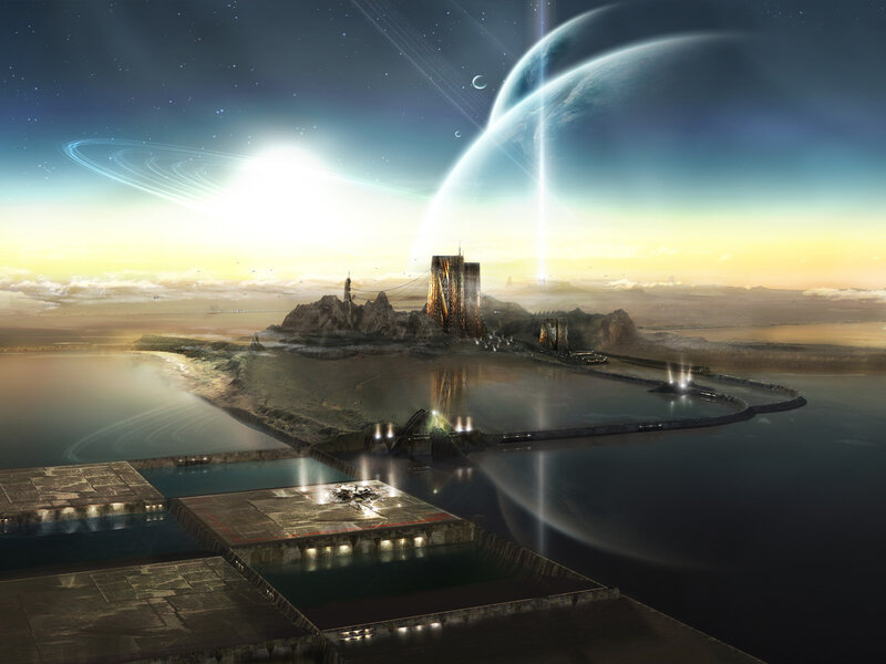 Futuristic Island City — Blue, Dramatic, Sunset, Digital Art, Planet, Moon, Rings