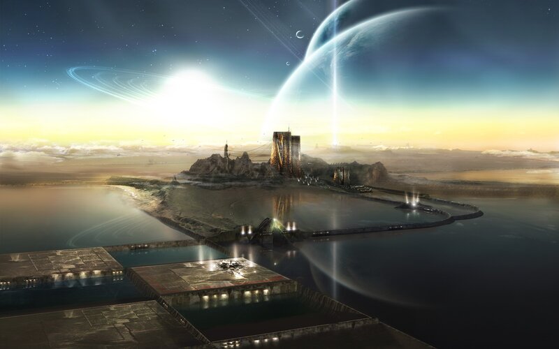 Futuristic Island City — Blue, Dramatic, Sunset, Digital Art