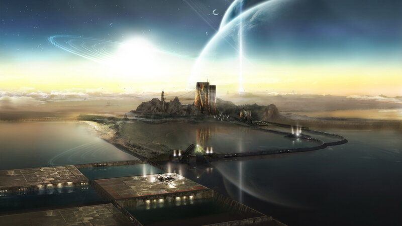 Futuristic Island City — Blue, Dramatic, Sunset