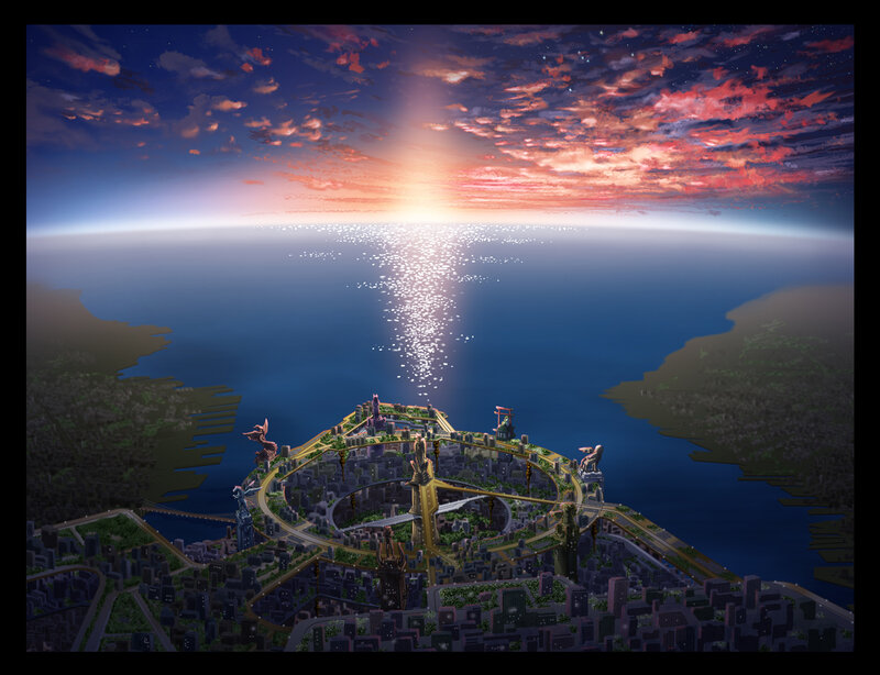 Futuristic Island City — Blue, Dramatic