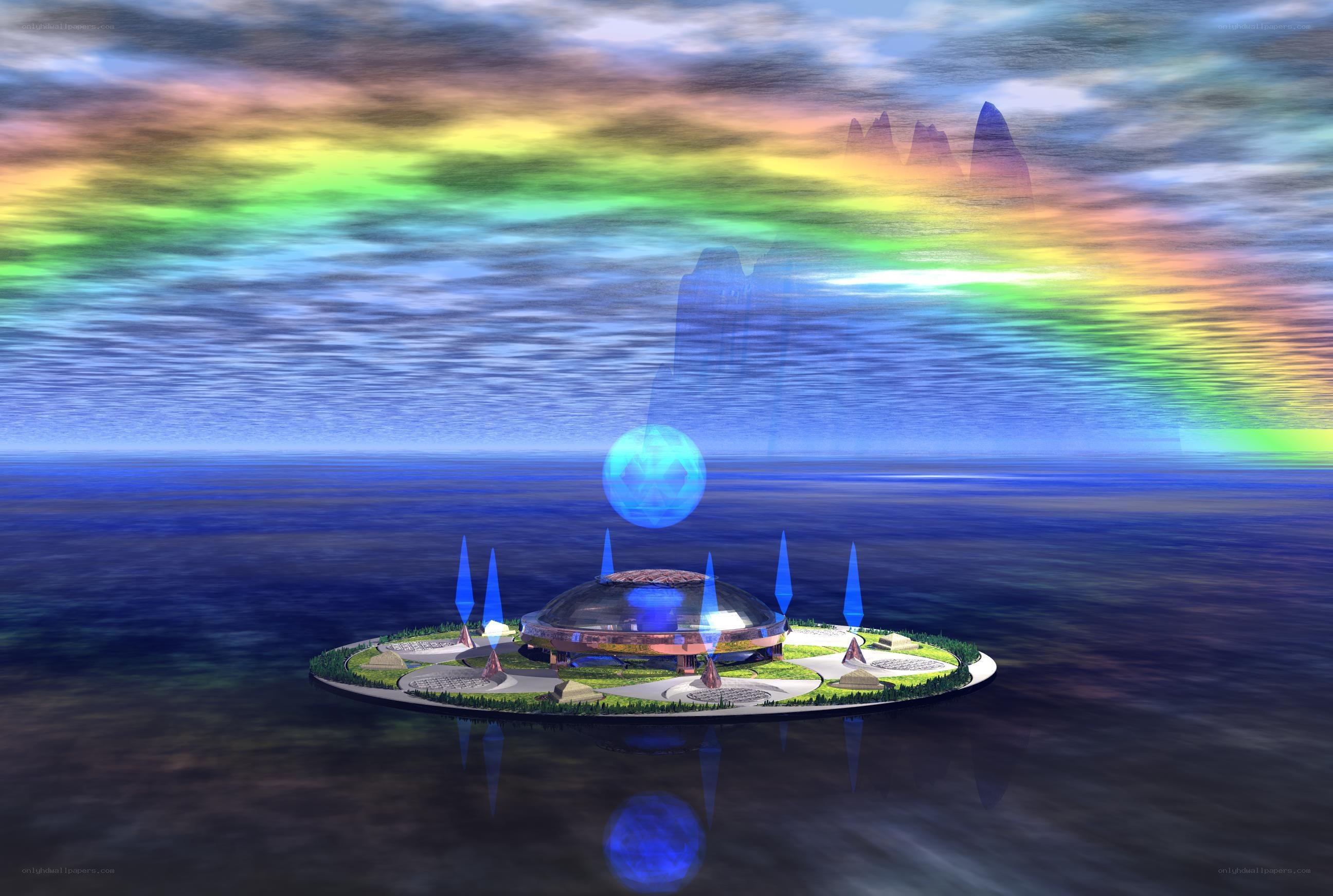 futuristic island in ocean