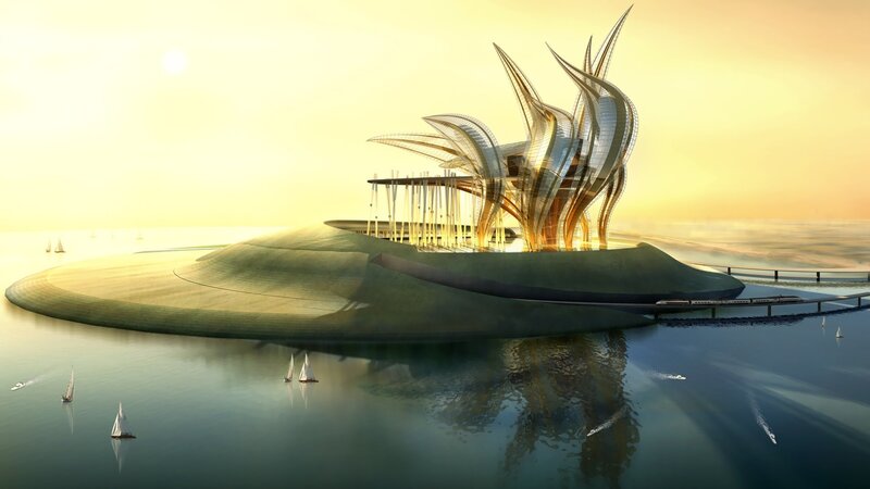 Futuristic island structure at sunset