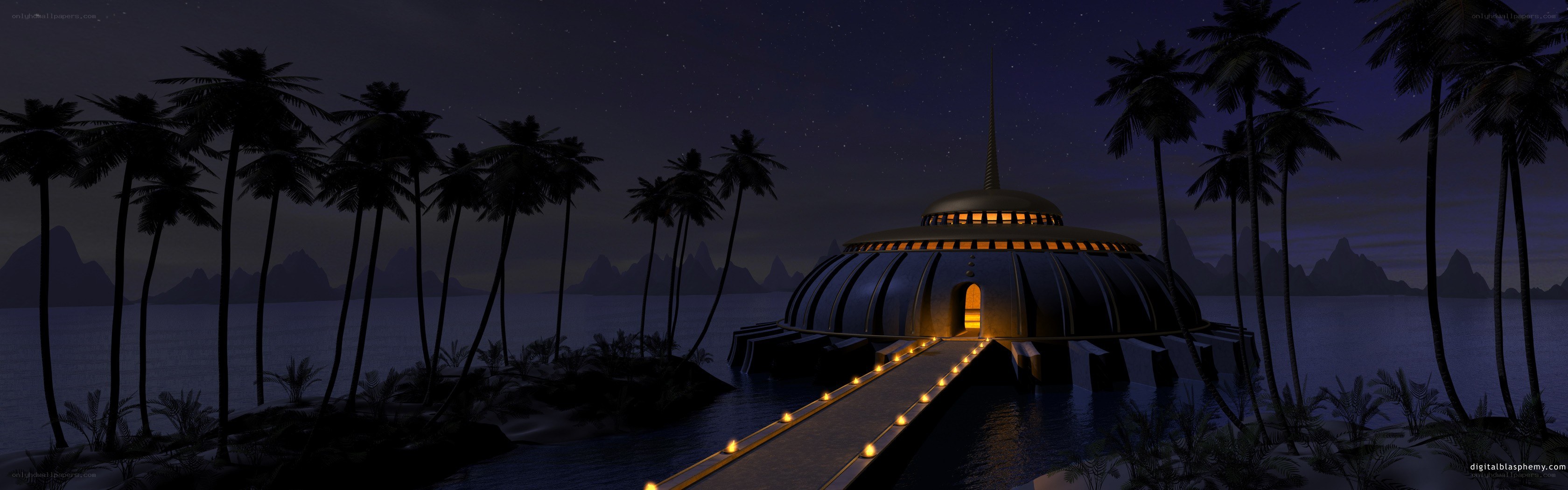 Futuristic island temple at night