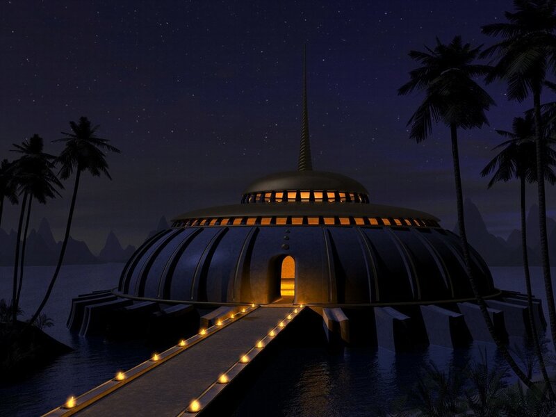 futuristic island temple at night