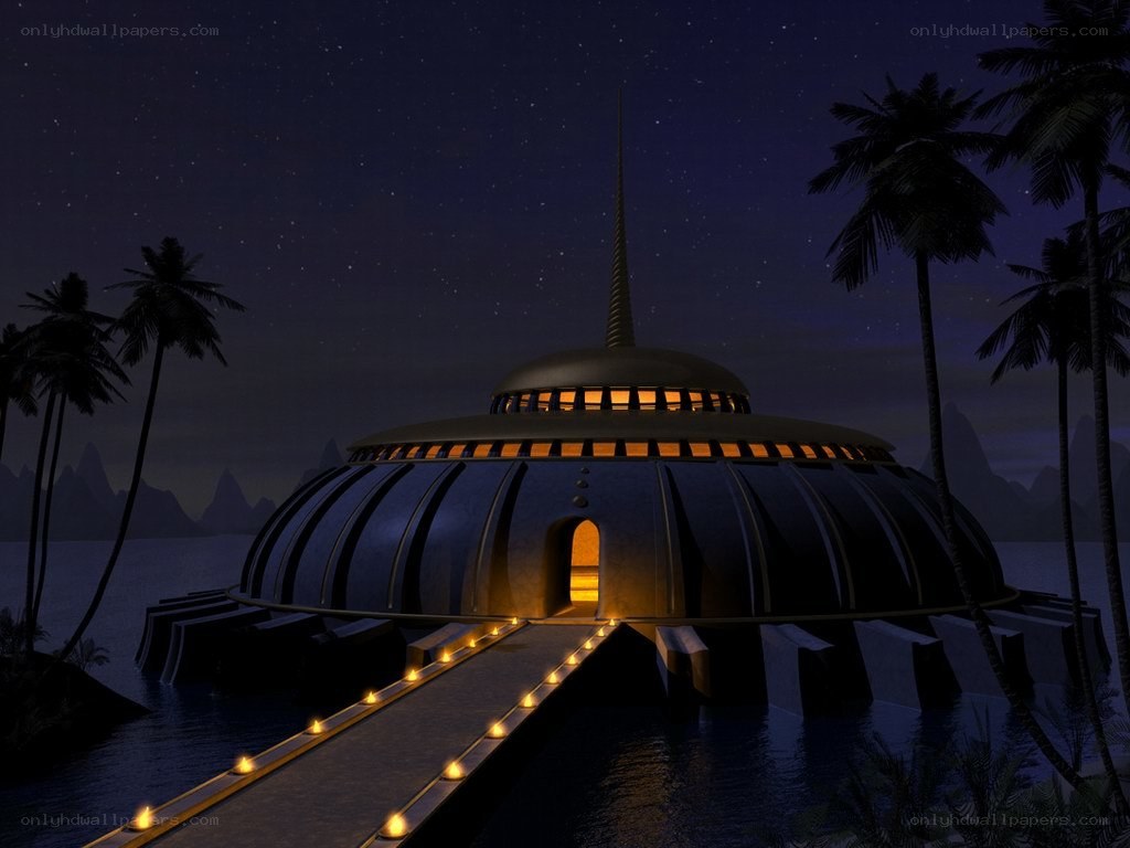 futuristic island temple at night