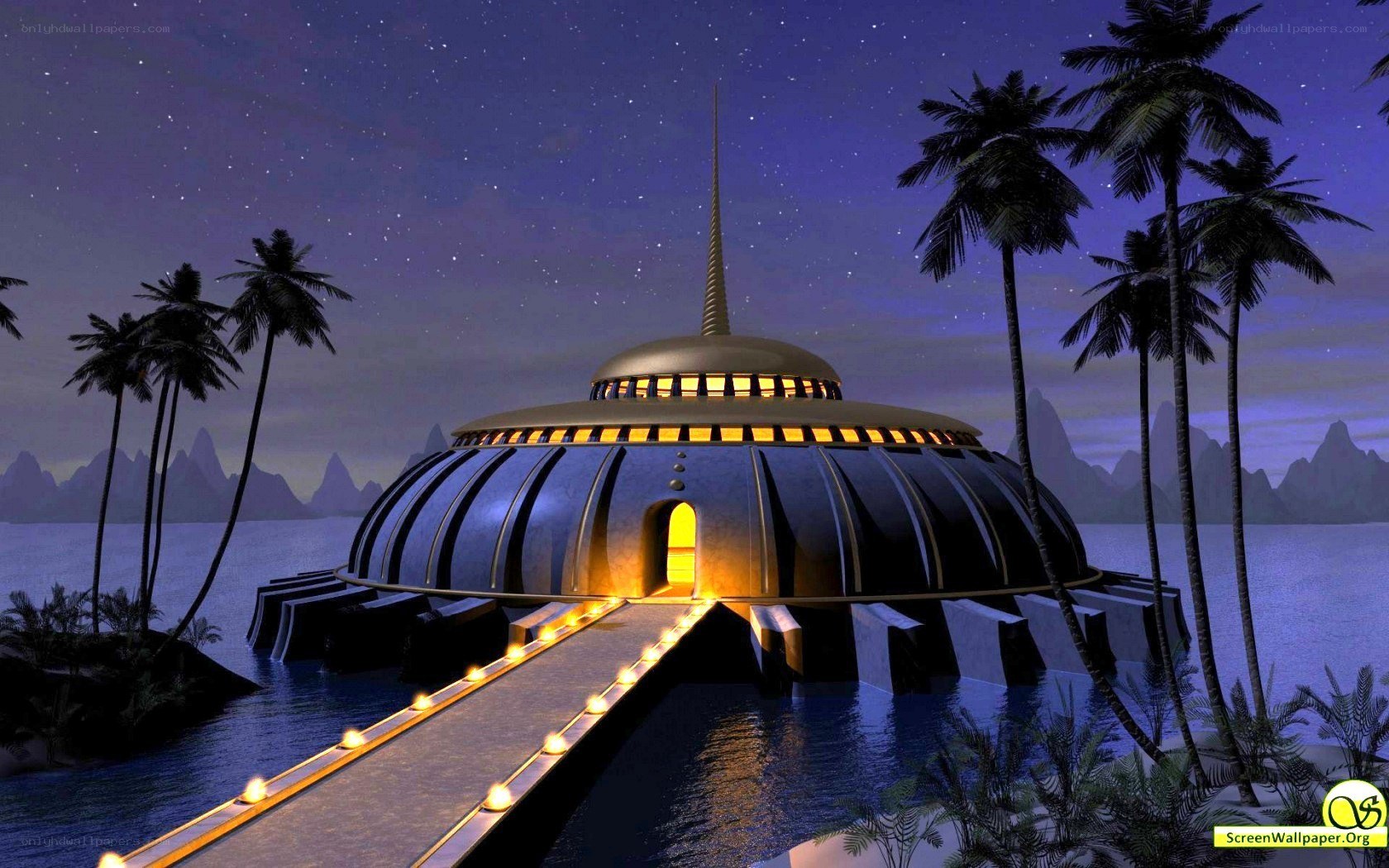 futuristic island temple at night