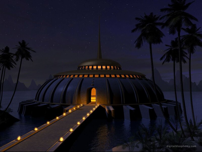 Futuristic island temple at night