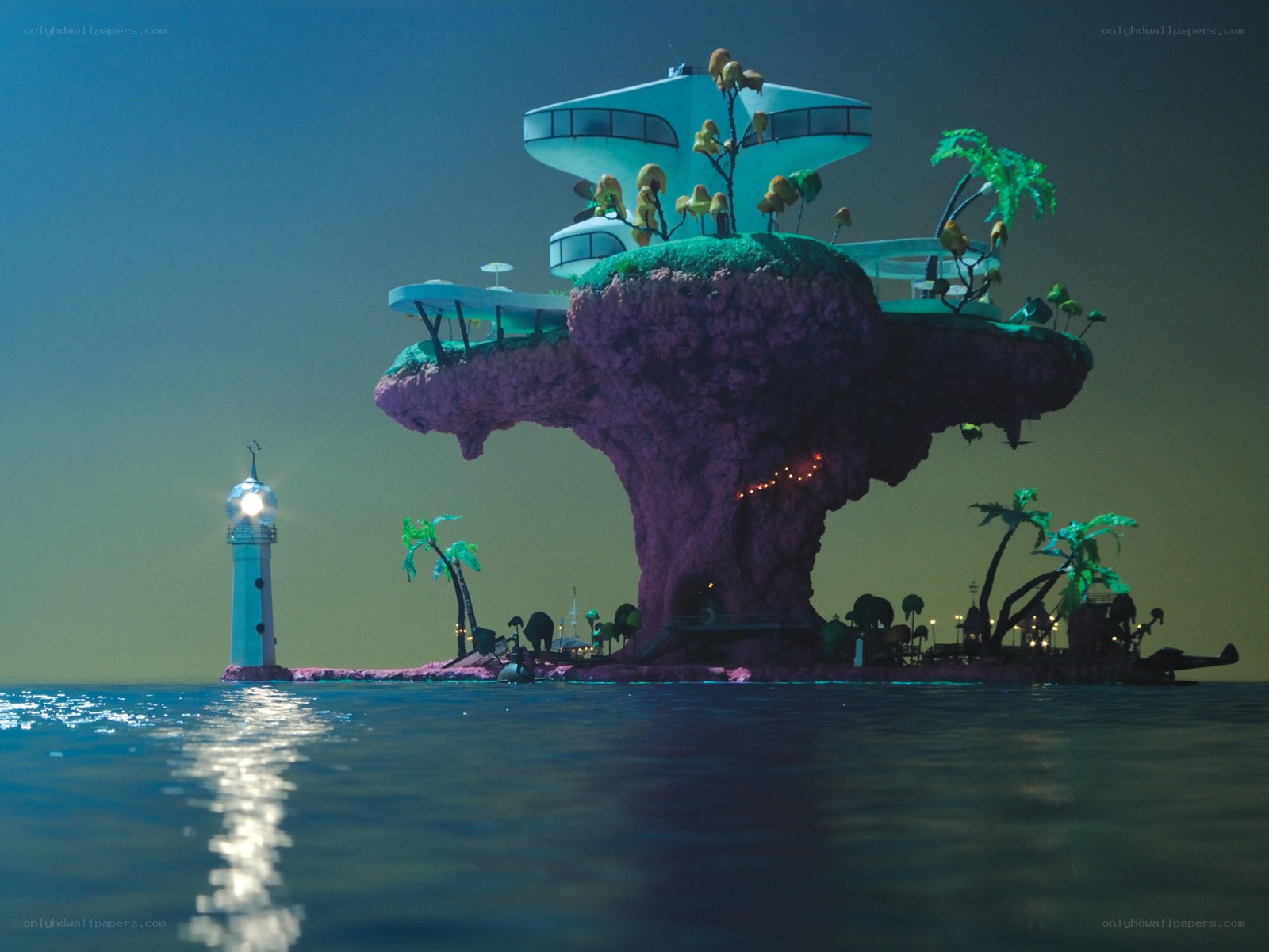 futuristic island with lighthouse