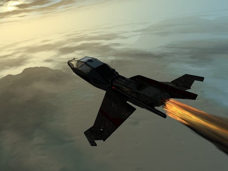 futuristic jet flying at sunset