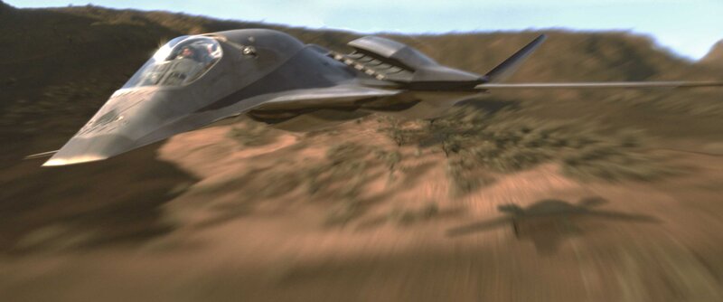 futuristic jet flying low