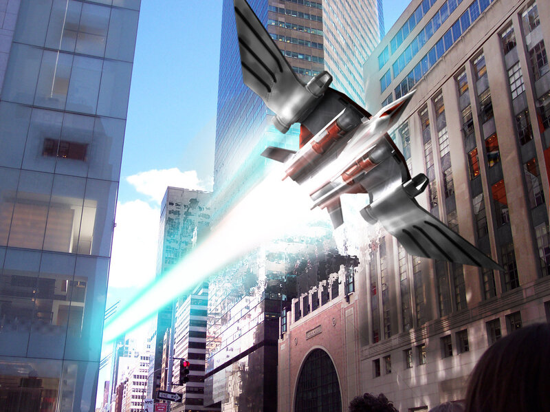 Futuristic jet in city