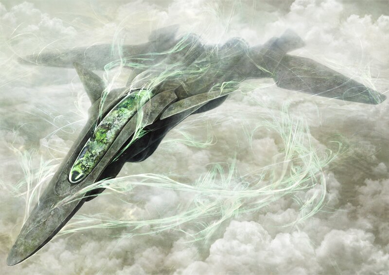 futuristic jet in clouds