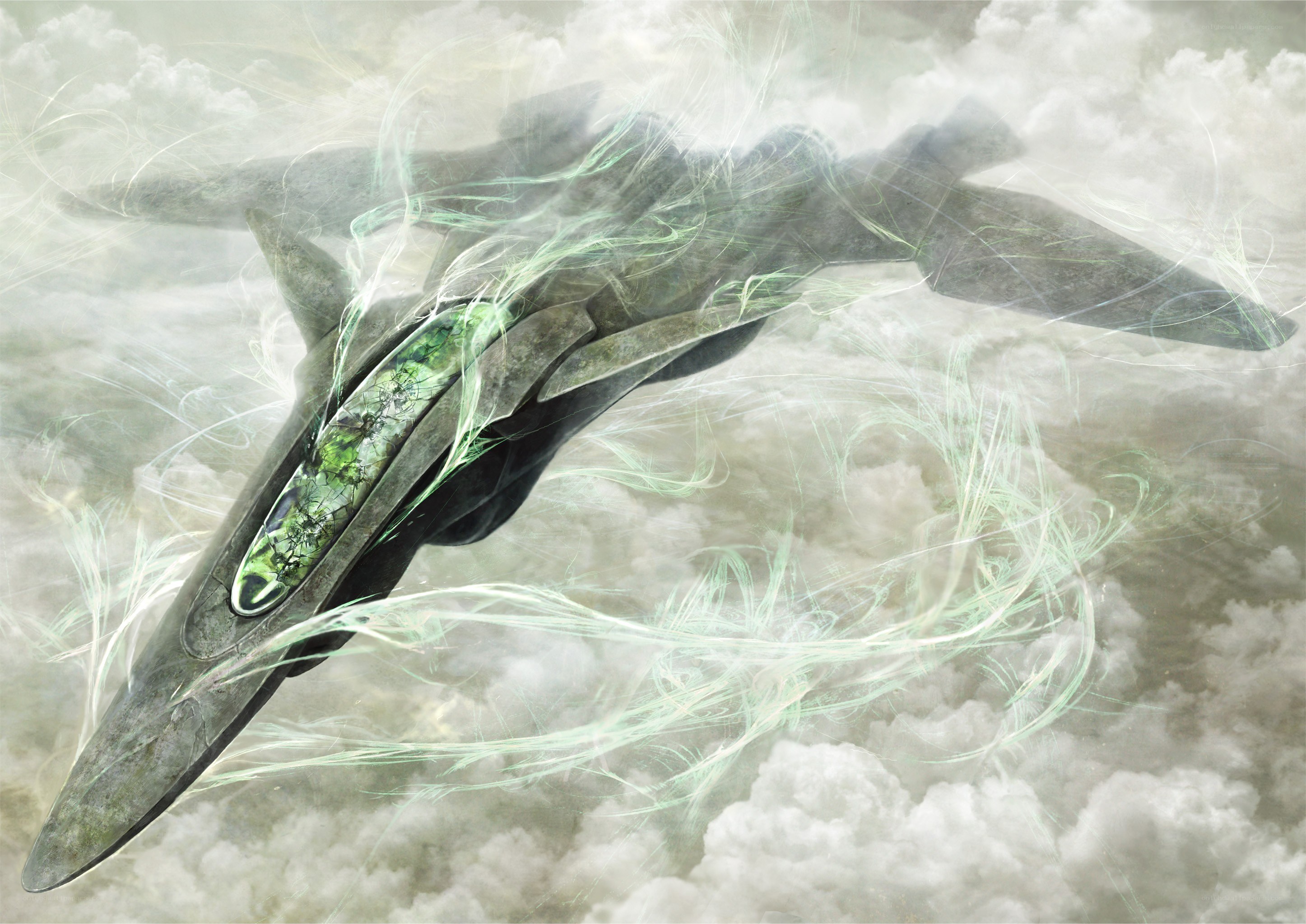 futuristic jet in clouds