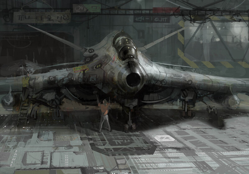 Futuristic jet in hangar