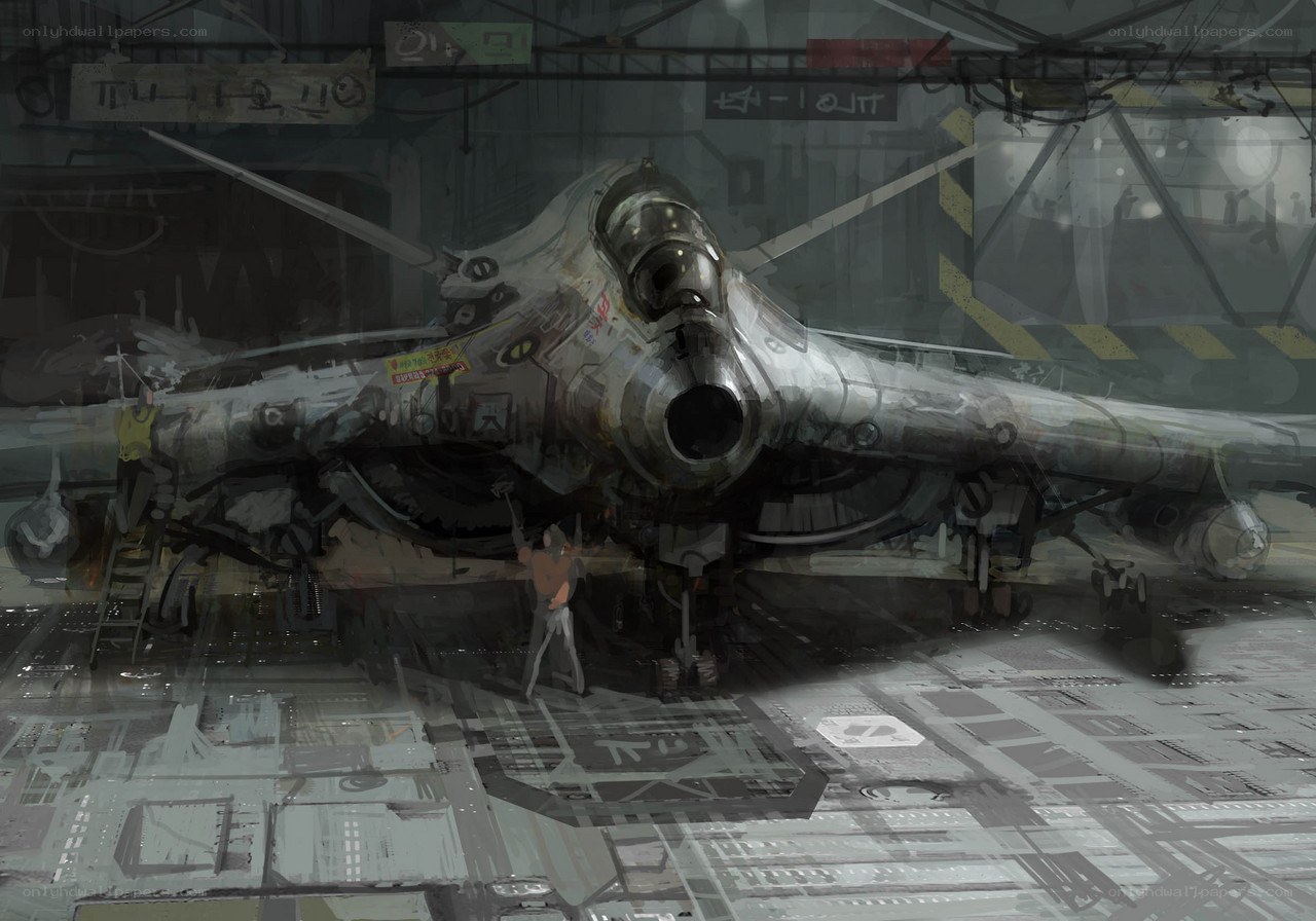 Futuristic jet in hangar