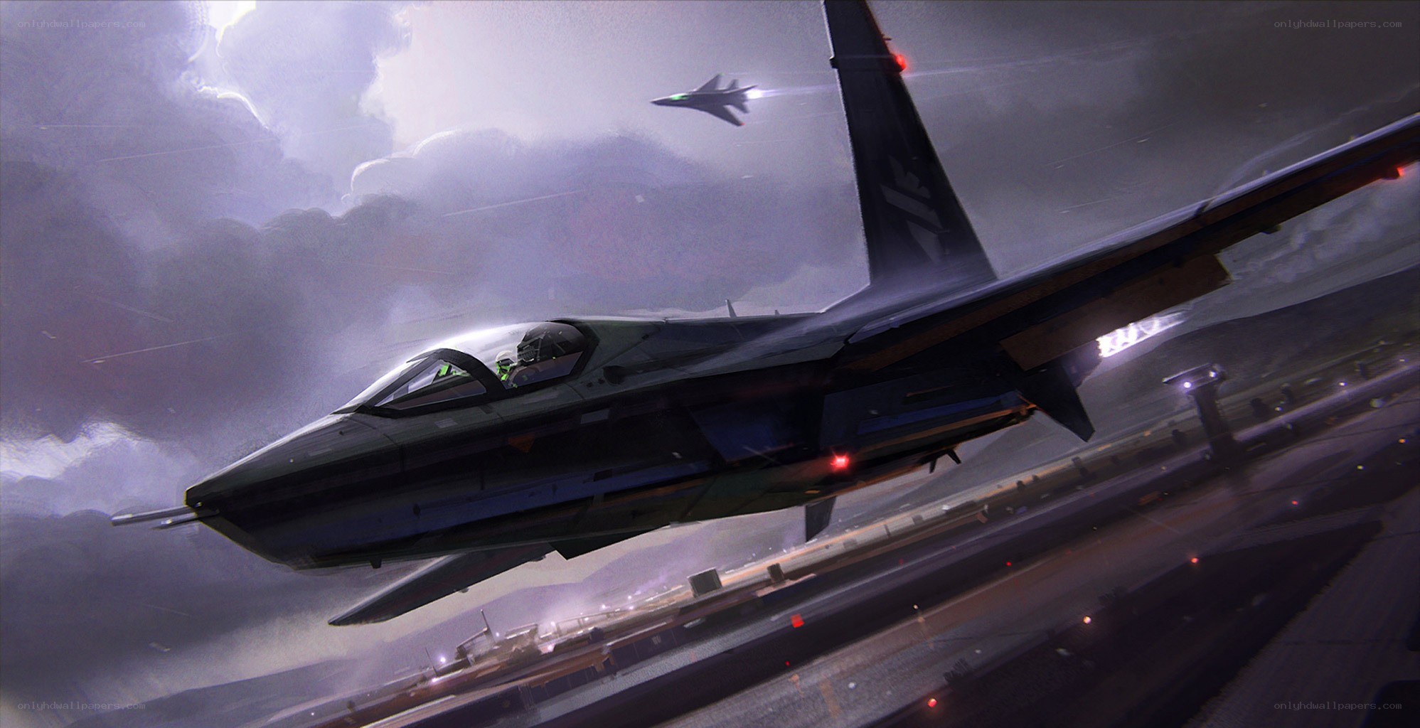Futuristic jet in stormy sky