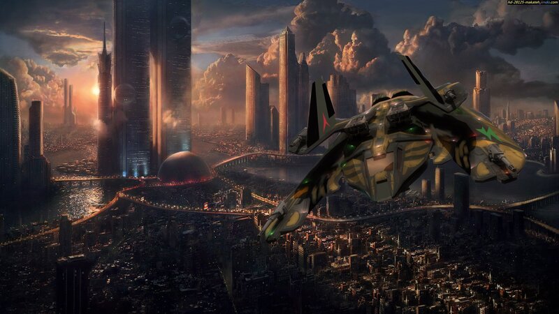 Futuristic Jet over City — Gray