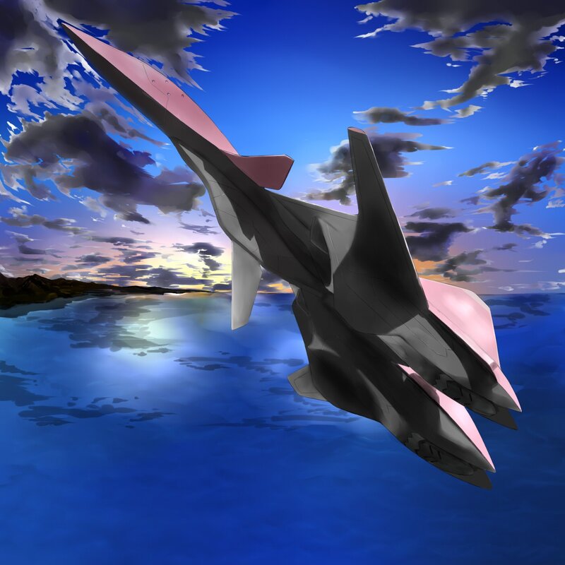 Futuristic jet over ocean