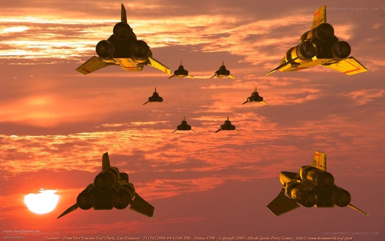 Futuristic jets at sunset