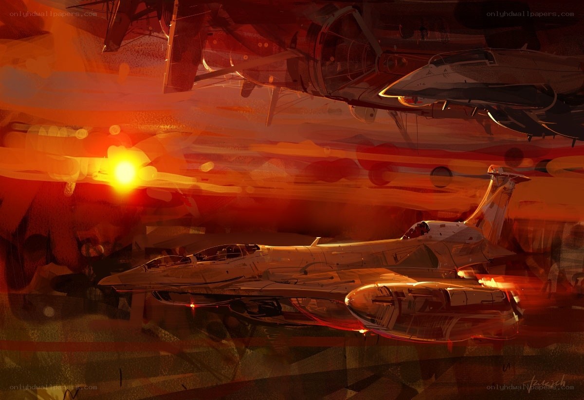 Futuristic jets at sunset