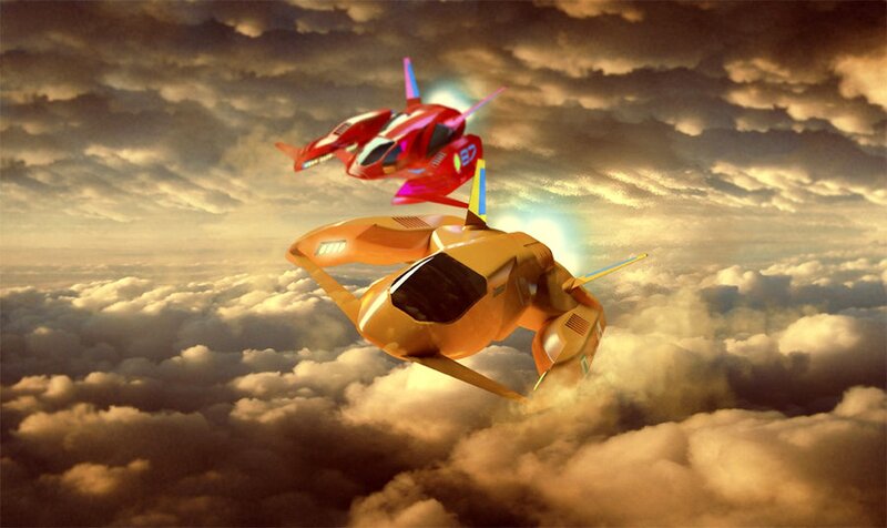 Futuristic jets in cloudy sky