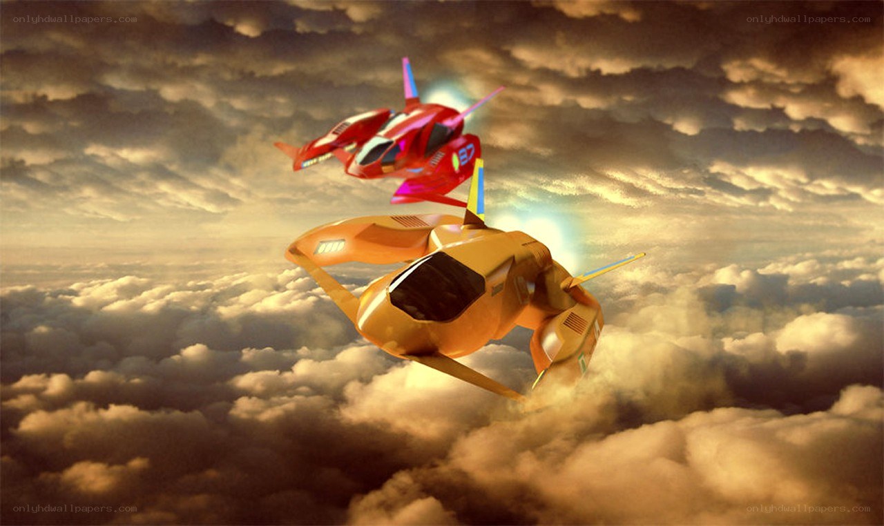 Futuristic jets in cloudy sky