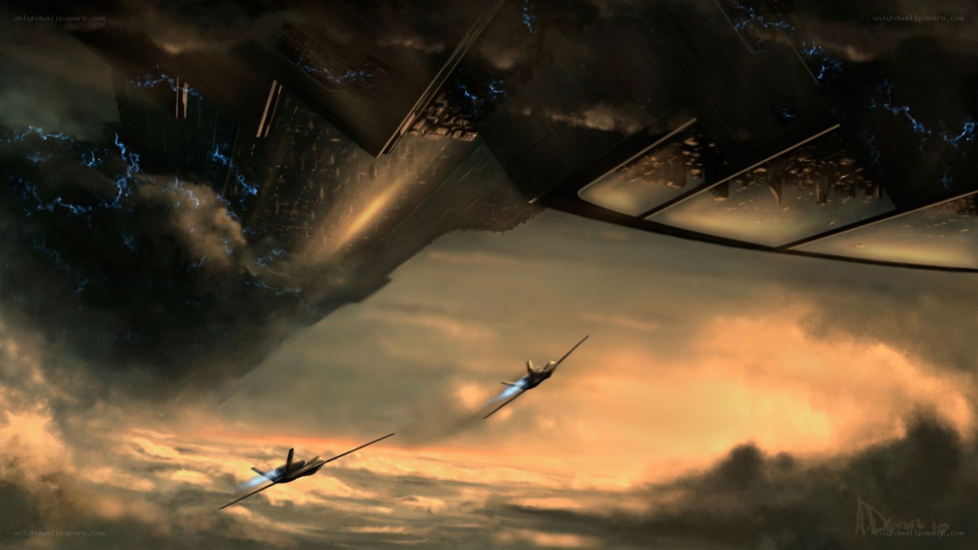 Futuristic jets in stormy sky