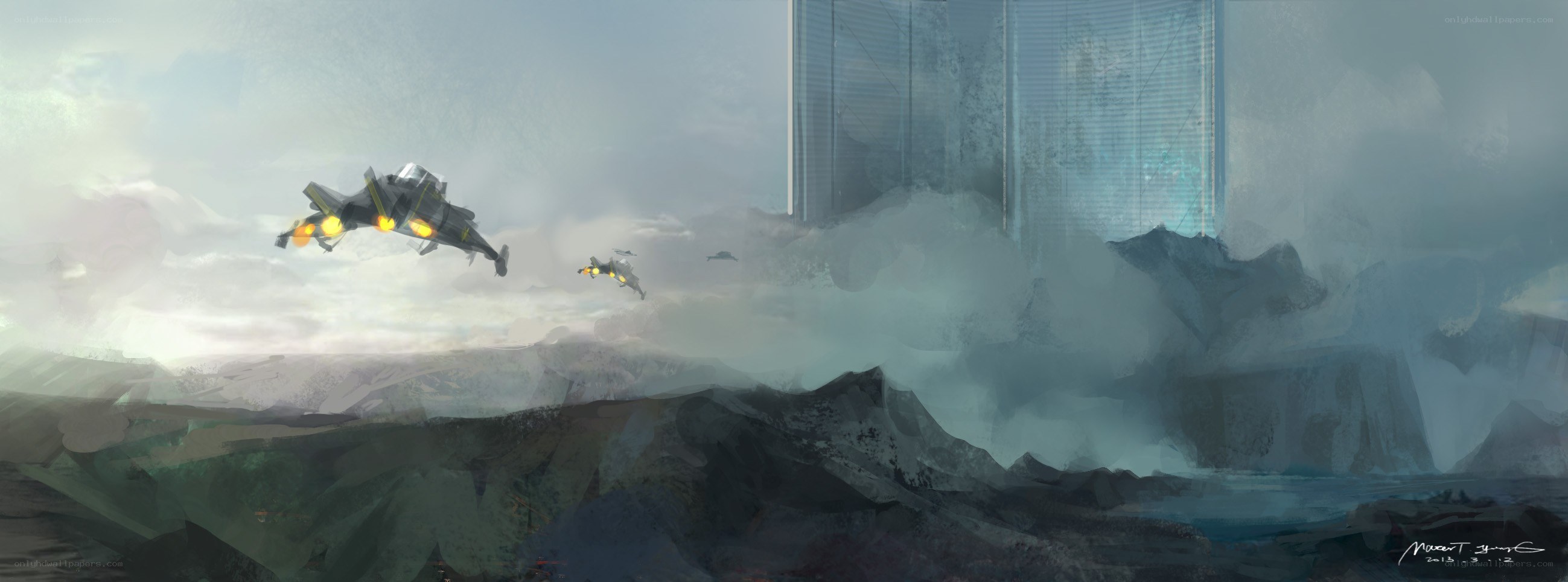 Futuristic jets over a ruined city