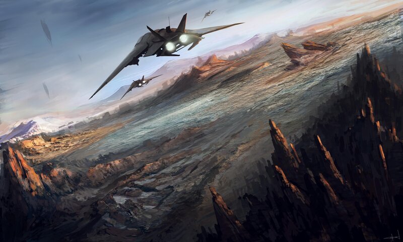 Futuristic jets over alien landscape