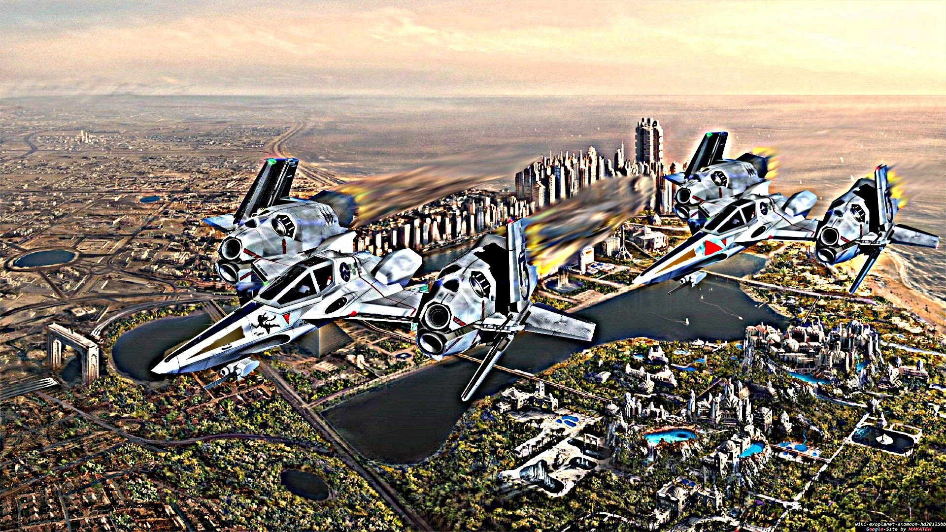 Futuristic jets over city