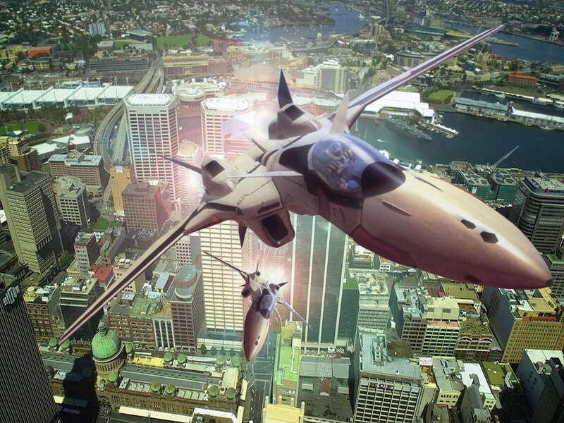 Futuristic Jets over City — Gray, Dramatic