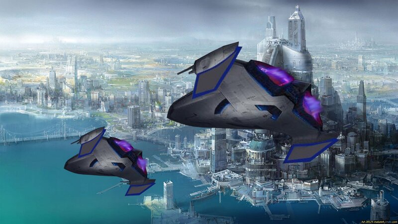 Futuristic Jets over City — Gray