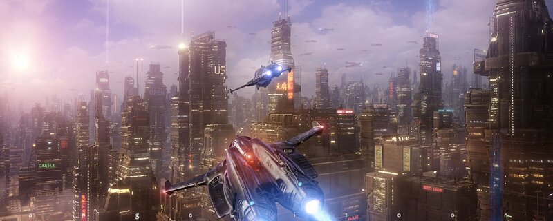 Futuristic Jets over City — Purple, Dramatic