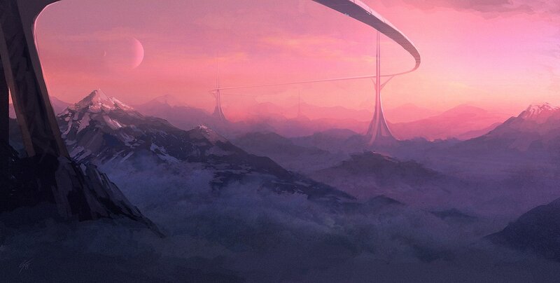 Futuristic landscape at dusk
