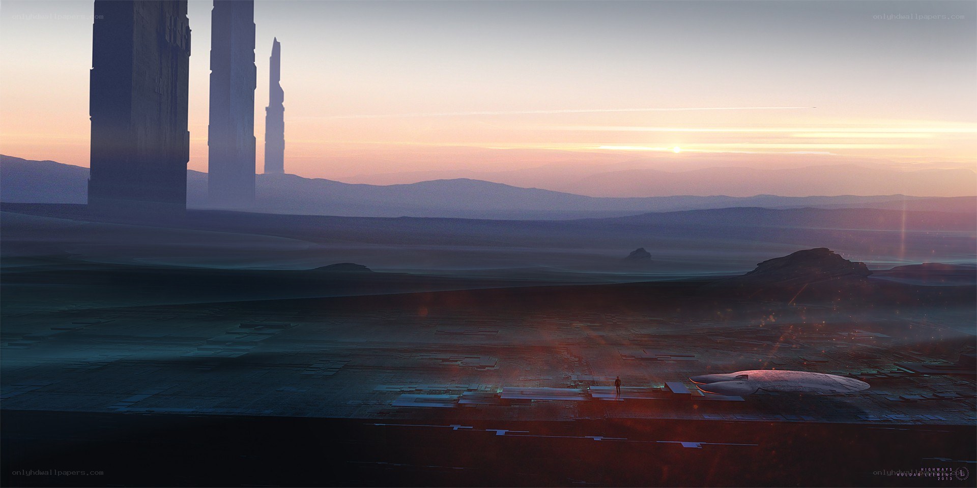 Futuristic landscape at sunset
