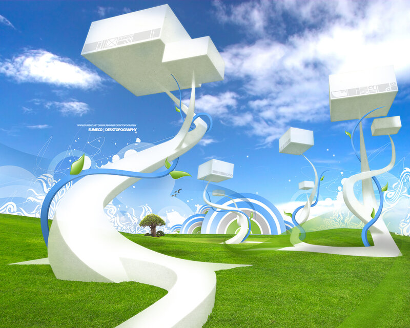 Futuristic landscape with abstract structures