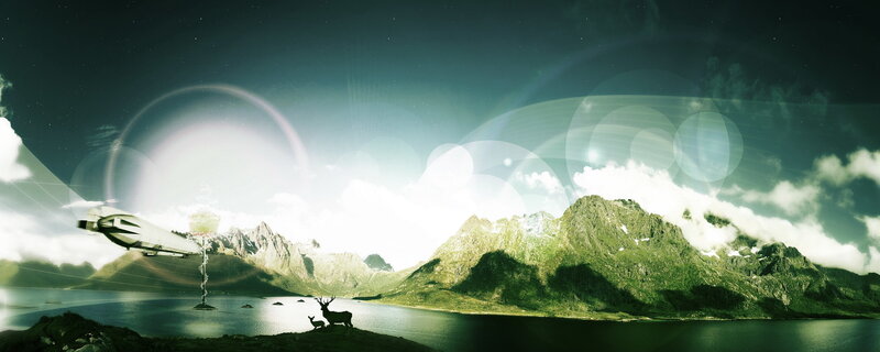 Futuristic landscape with deer