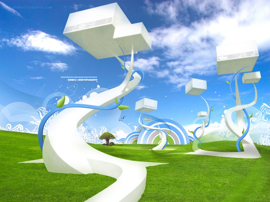 Futuristic landscape with floating cubes