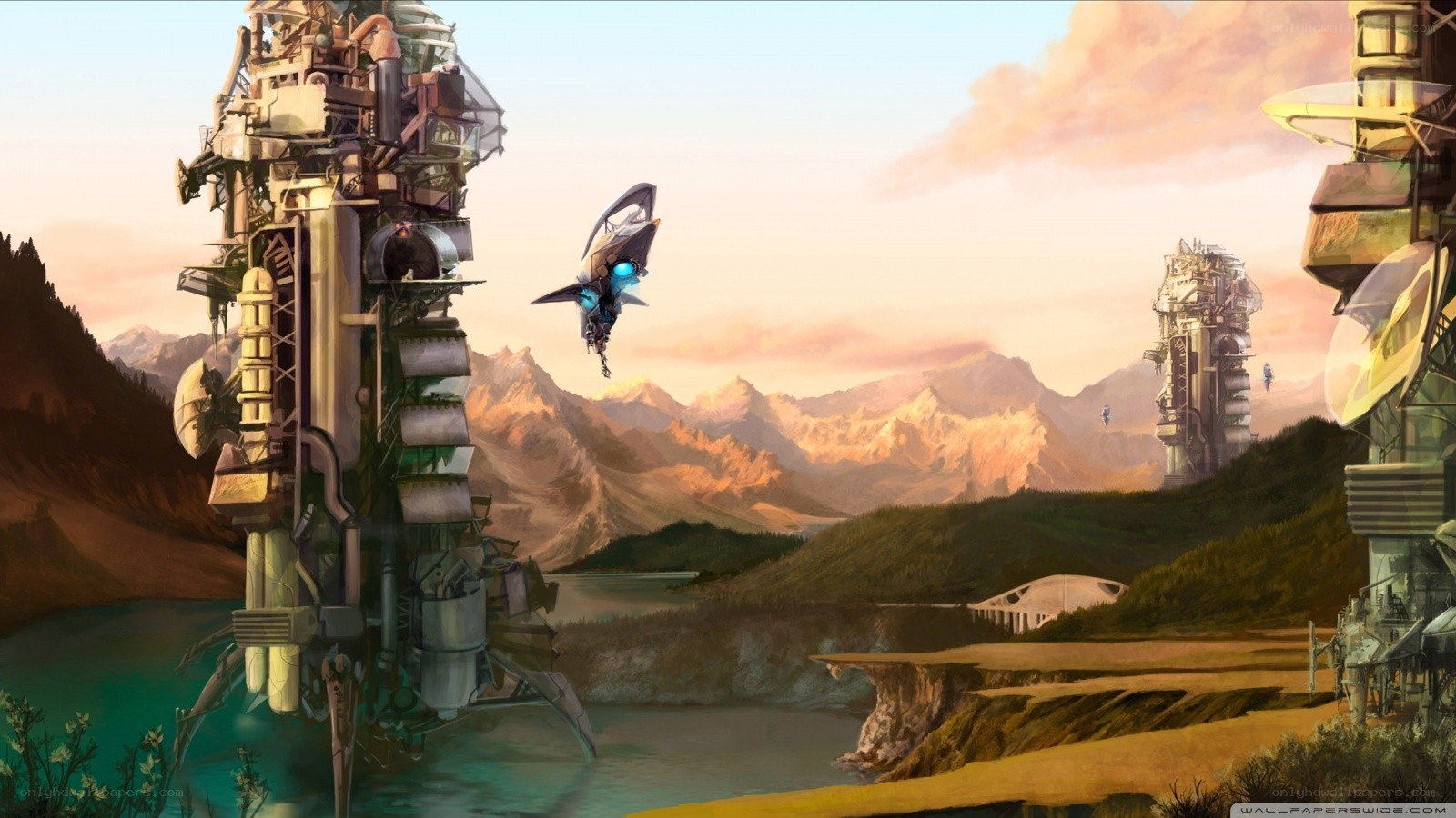 futuristic landscape with flying craft