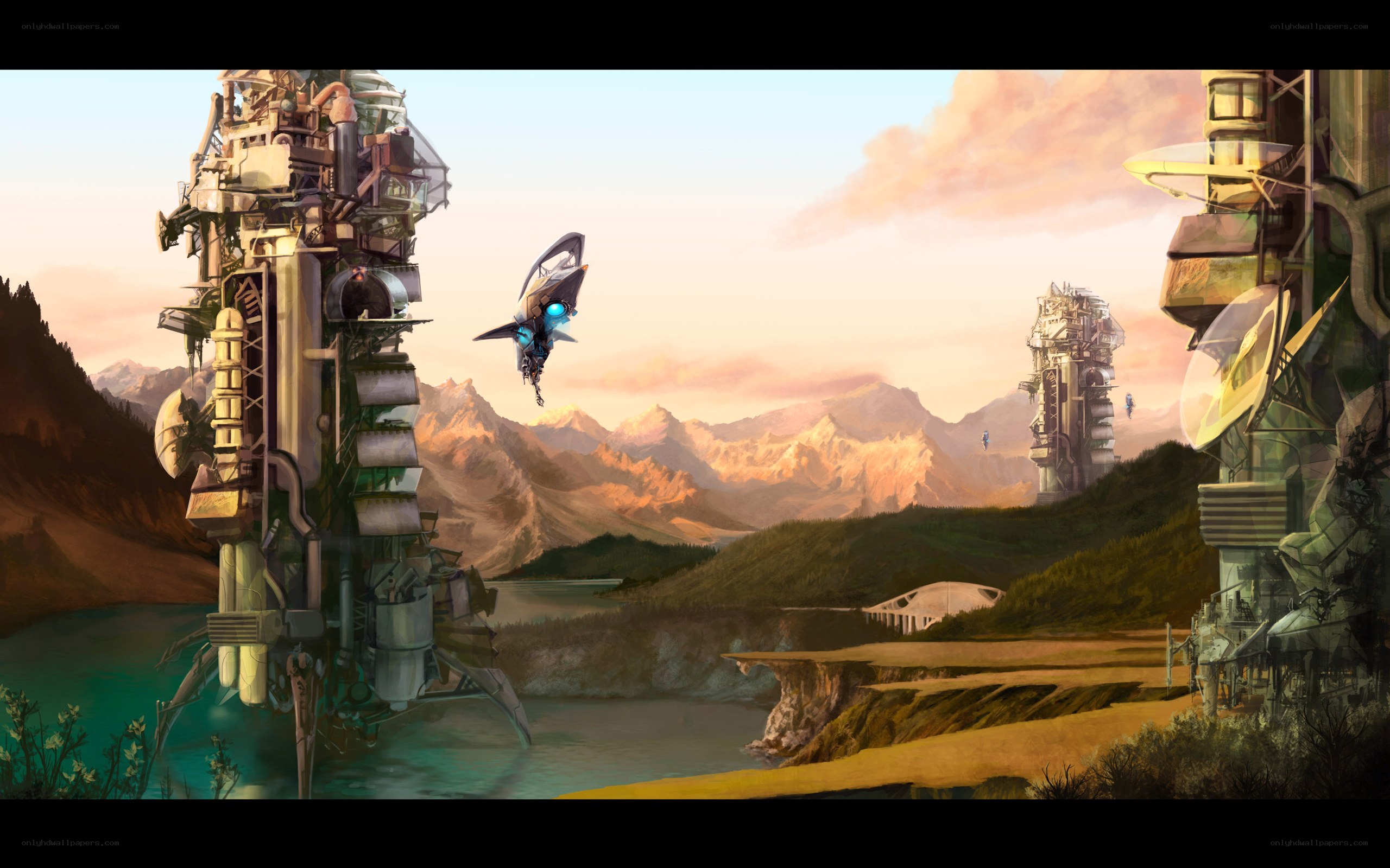 futuristic landscape with flying craft