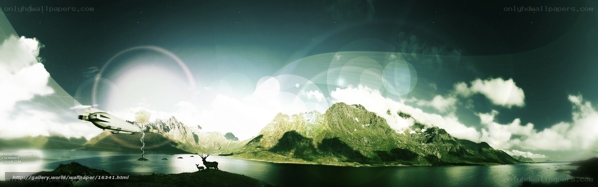 Futuristic landscape with flying ship