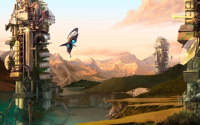 futuristic landscape with flying vehicle