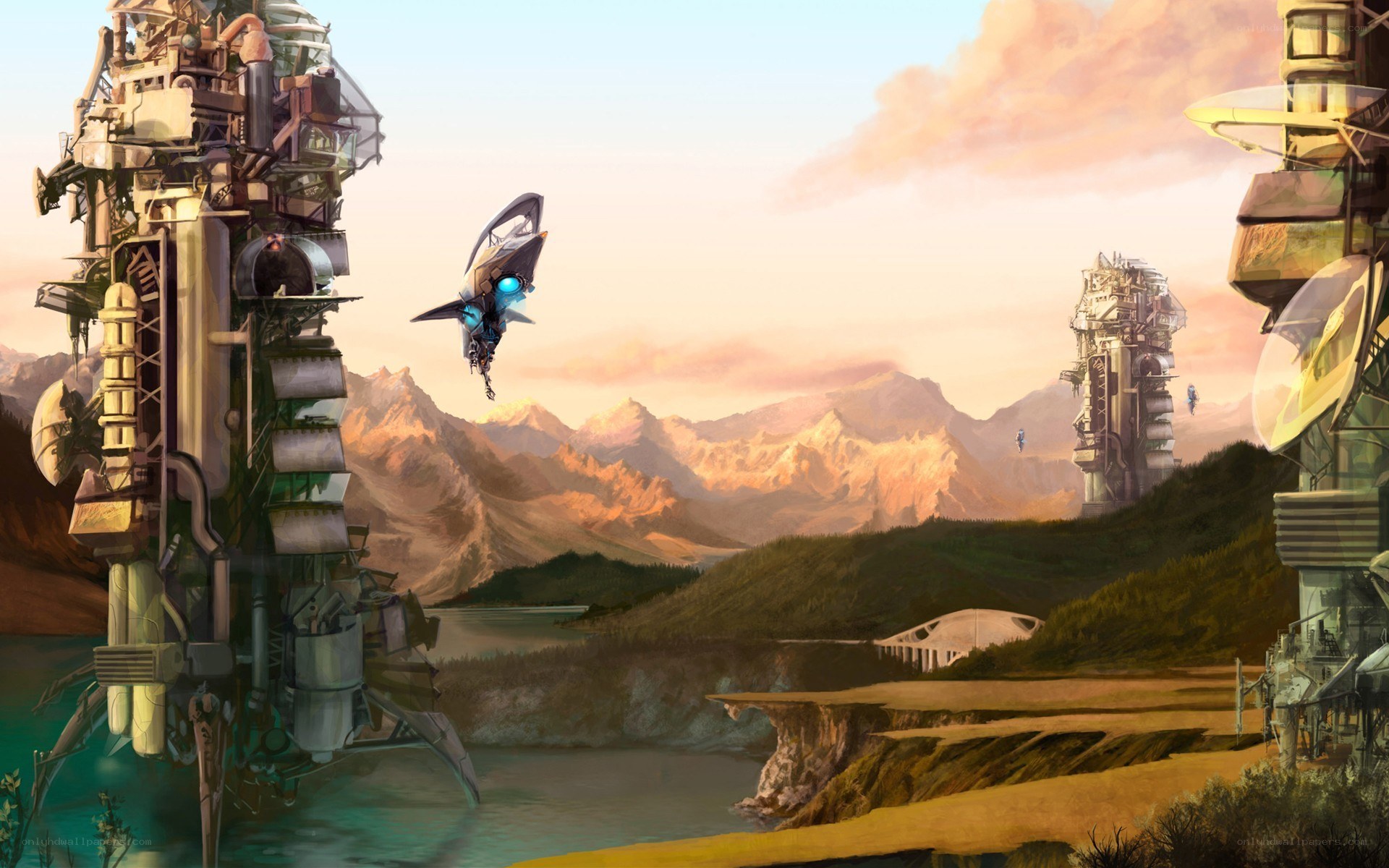 futuristic landscape with flying vehicle