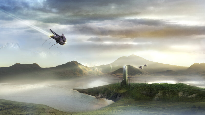 Futuristic landscape with flying vehicles