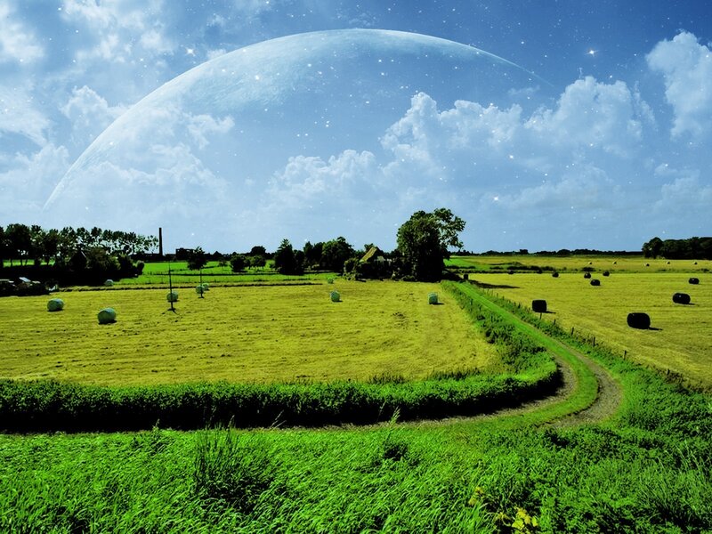 Futuristic landscape with giant planet