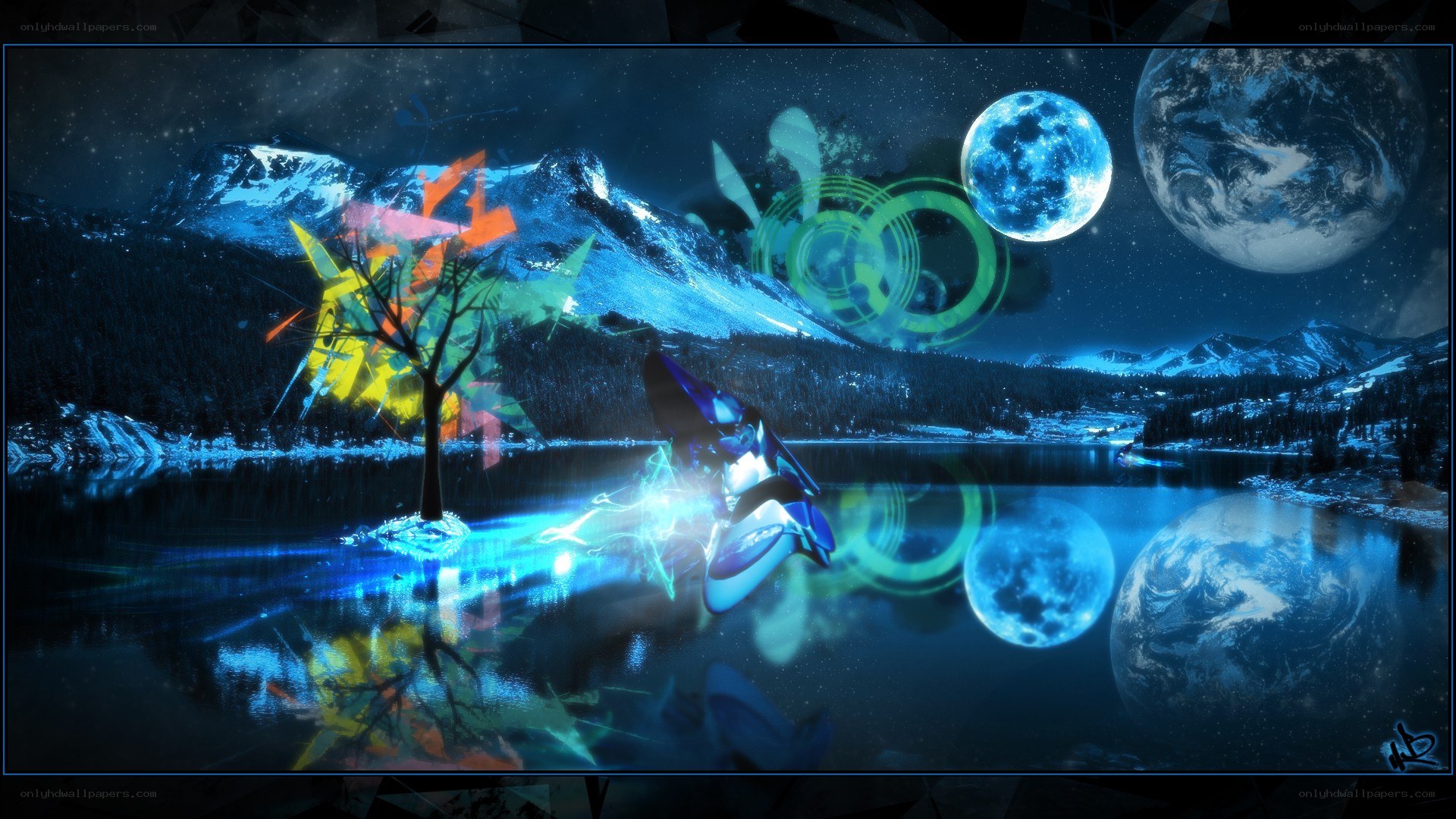 futuristic landscape with glowing tree