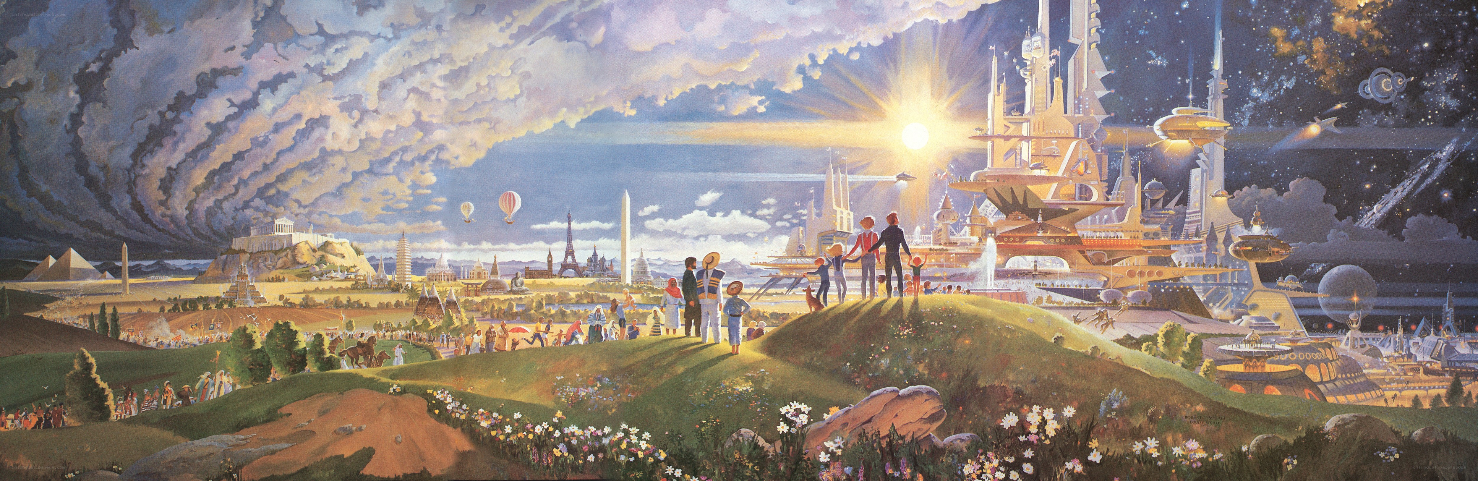 Futuristic landscape with historical landmarks