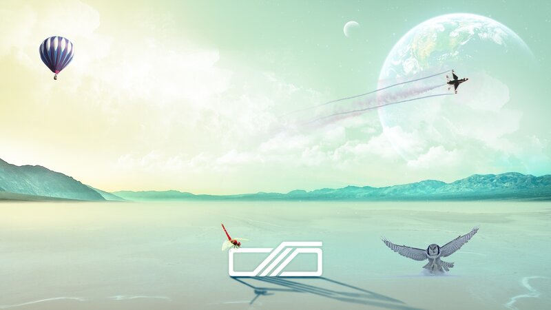 Futuristic landscape with hot air balloon and jet