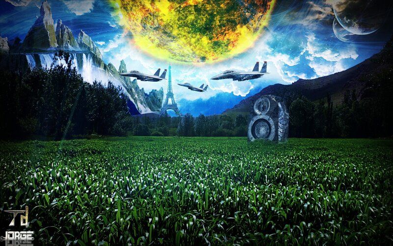 Futuristic landscape with jets and Eiffel Tower