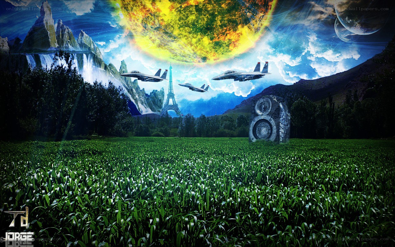 Futuristic landscape with jets and Eiffel Tower